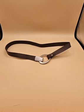 Vintage Minimalist Chocolate Brown Leather Belt with Silver O-Ring Hook Buckle